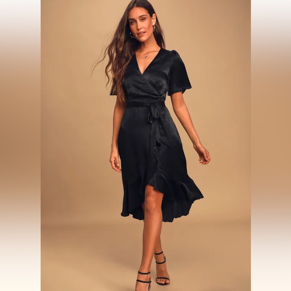 Lulu’s Wrapped Up In Love Black Satin Faux-Wrap Midi Dress